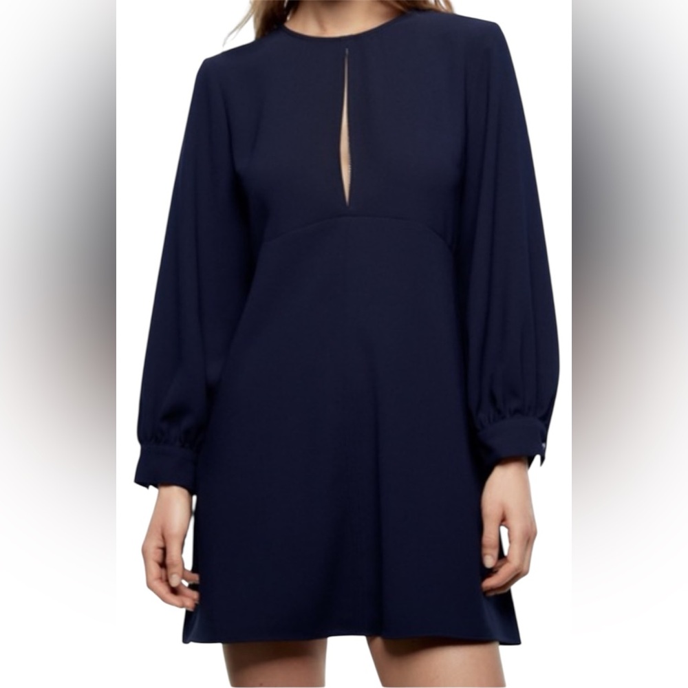 ZARA NWT Women’s Front Slit Long Sleeve
With Jewel Button Cuffs Mini Navy Dress
